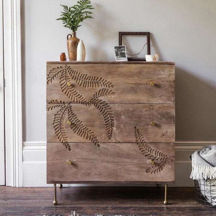 Natural Wood 3-Drawer Dresser with Carved Leaf Design