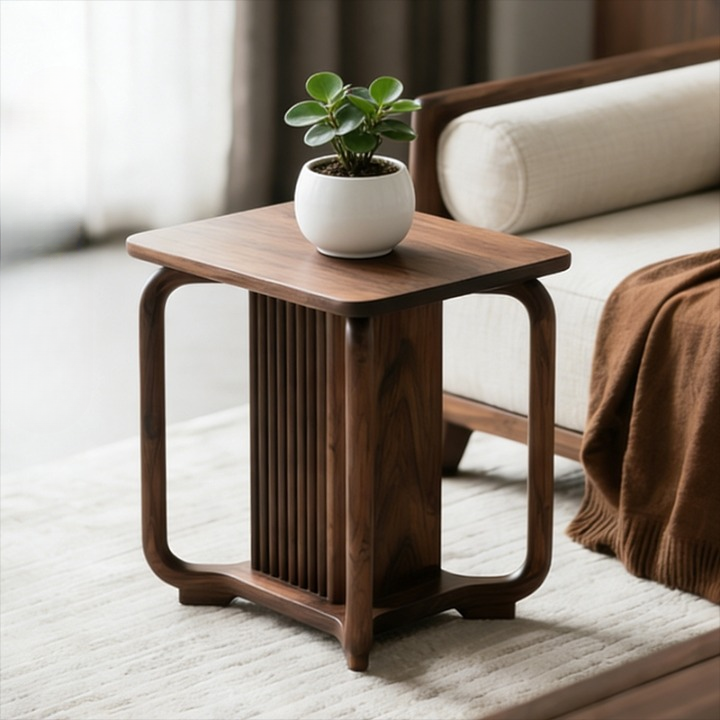 Ash Wood Square Side Table with Fluted Pedestal Base