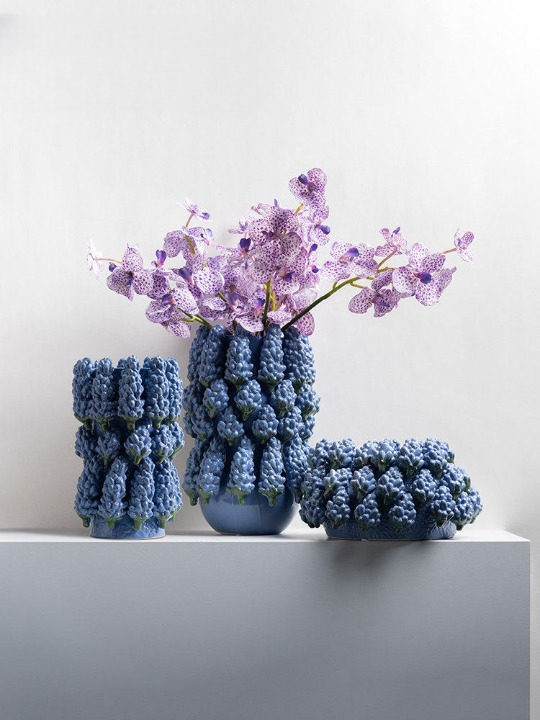 3 Blue Ceramic Grape Vases with 6 Purple Orchid Stems, 9-Piece Set