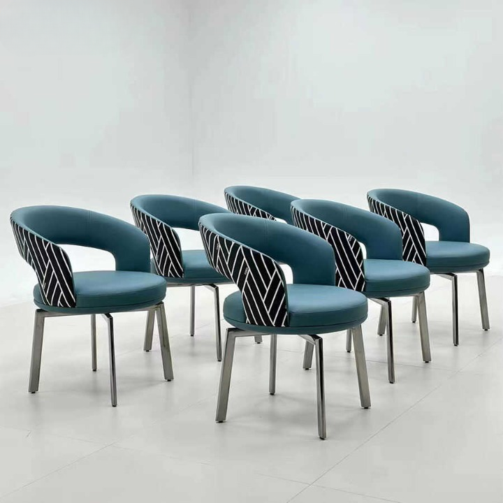 Teal Blue Upholstered Swivel Dining Chair, Curved Open-Back Armchair with Black Wire Detail and Polished Stainless Steel Legs for Dining Room, Kitchen, Vanity and Reception