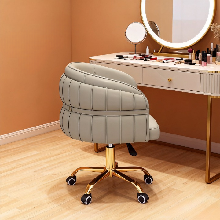 Cream White Upholstered Swivel Desk Chair, Height-Adjustable Vanity Chair with Wraparound Back, Fixed Padded Arms and Electroplated Five-Star Metal Base for Bedroom, Home Office and Study