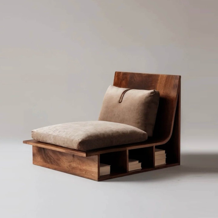 Modern Wood Storage Lounge Chair, Upholstered Single Sofa Chair with Built-in Open Shelf, Low Profile Reading Chair for Living Room, Bedroom, Study Room, Hotel Lounge