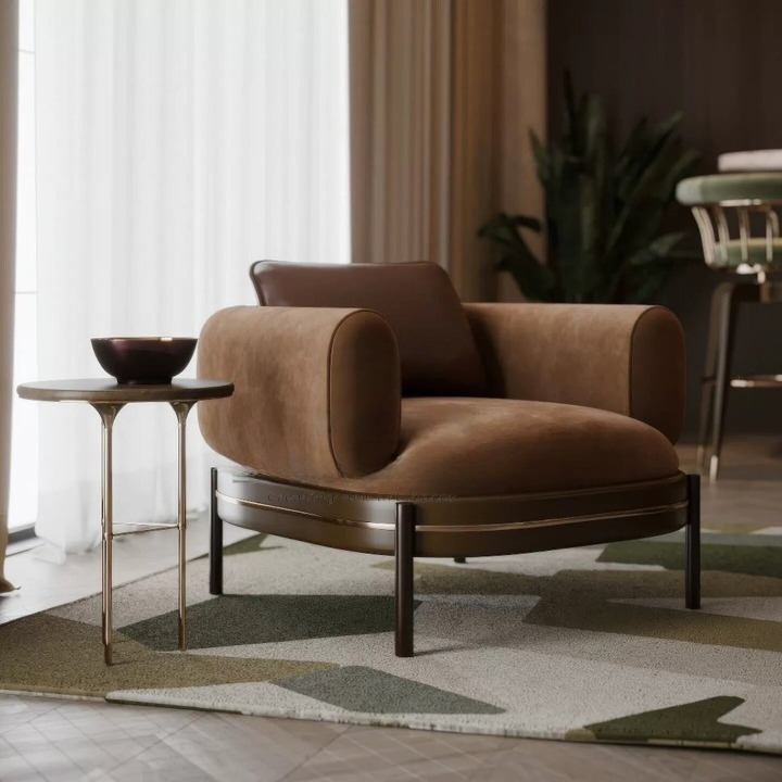 Italian Style Accent Chair, Brown Upholstered Lounge Armchair with Leather-Look Back Pillow and Fabric Seat, Modern Single Sofa Chair for Living Room, Hotel Lobby, Reception Area, Office and Bedroom