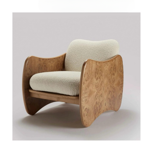 Burl Wood Accent Chair, Solid Wood Lounge Chair with Boucle Cushioned Seat and Back, Wabi Sabi Armchair for Living Room, Bedroom, Reading Nook