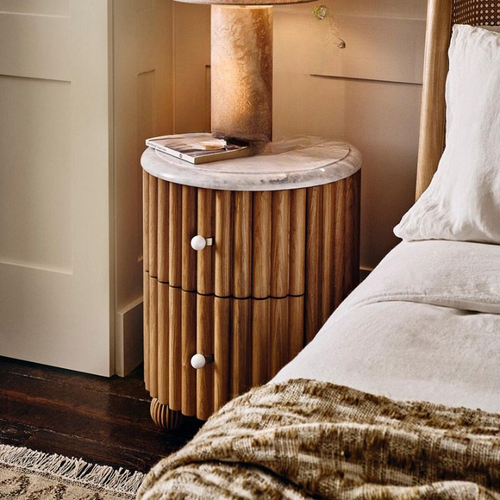 Natural Wood Fluted Round Nightstand with White Marble Top, 2 Drawer Bedside Table with Ball Feet, French Vintage Bedroom End Table for Living Room and Small Spaces