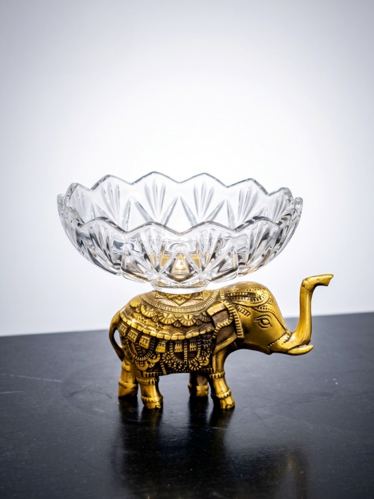 Gold Elephant Decorative Glass Bowl, Brass Fruit and Candy Serving Dish