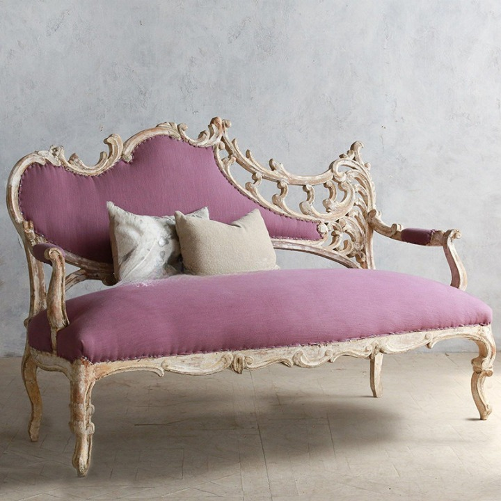 Pink Upholstered Carved Wood Settee, Distressed White Frame