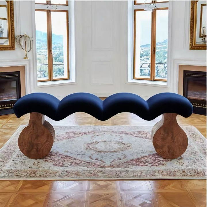 Navy Blue Upholstered Accent Bench with Sculptural Solid Wood Legs