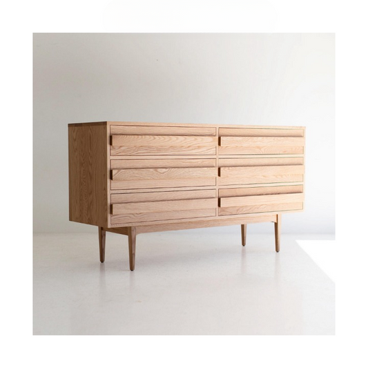 Solid Wood 6 Drawer Dresser, Natural Wood Storage Cabinet with Tapered Legs, Mid Century Wabi Sabi Sideboard for Bedroom, Living Room, Entryway