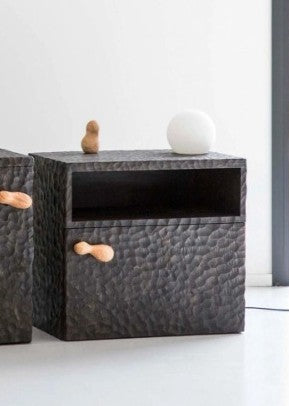 Black Hammered Wood Nightstand, Textured Bedside Table with Open Shelf and Drawer, Wabi Sabi Side Cabinet for Bedroom Living Room
