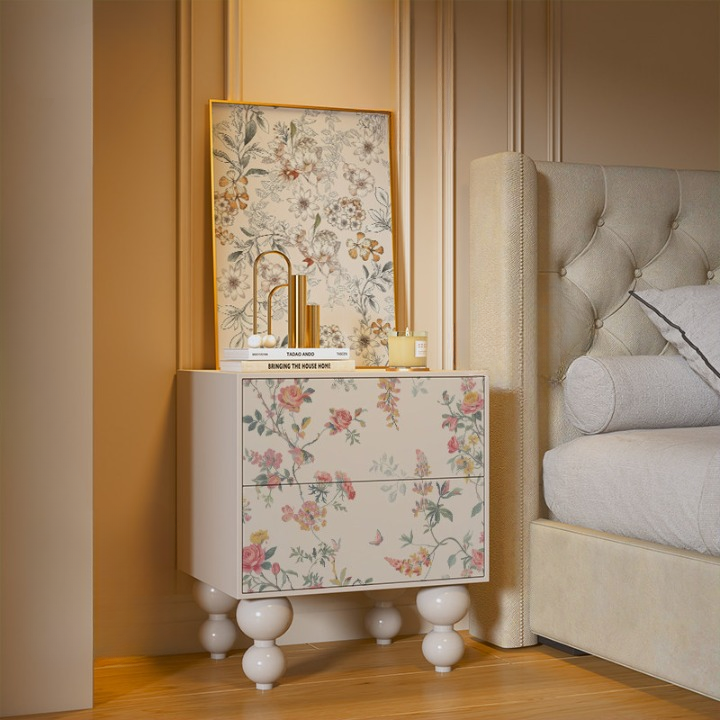 Ivory Floral Nightstand with 2 Drawers and Turned Wood Legs