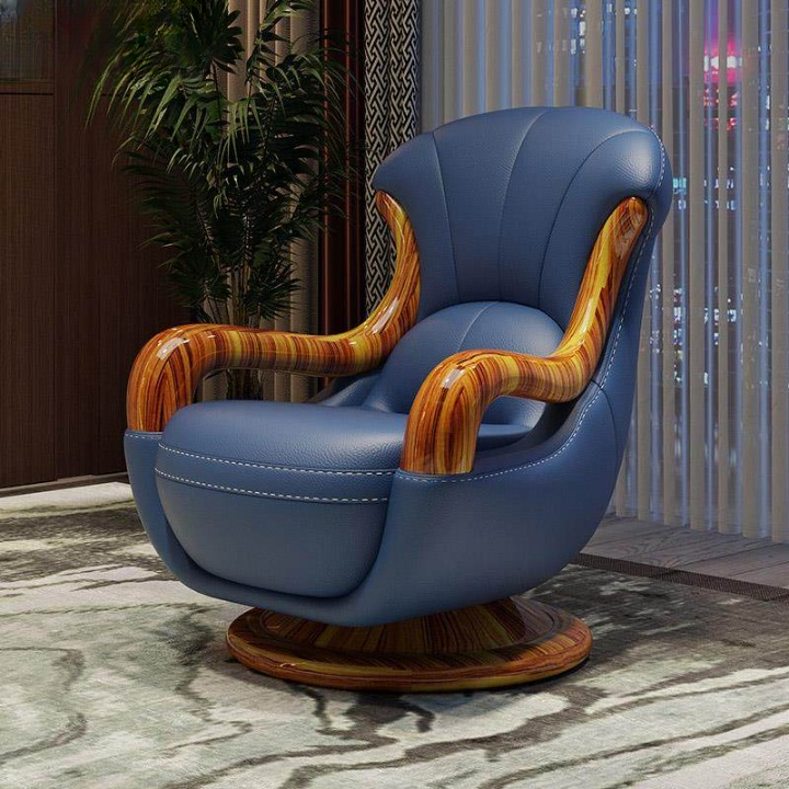 Blue Leather Swivel Lounge Chair with Wenge Wood Frame