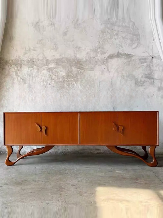 Solid Teak Wood TV Stand, Mid Century Media Console Cabinet with Sculptural Legs, Wooden Storage Credenza for Living Room, Entertainment Center, Sideboard Buffet Cabinet, Honey Brown