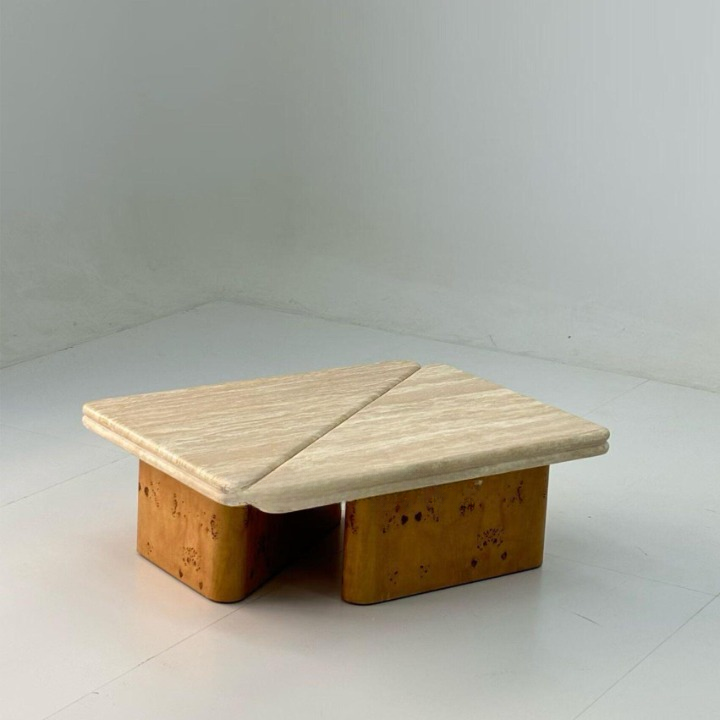 Modern Travertine Nesting Coffee Table Set, Wabi Sabi Stone Center Table with Sculptural Wood Base, Minimalist 2 Piece Coffee Table for Living Room, Apartment, Lounge