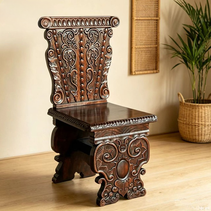 Hand-Carved Solid Wood High Back Dining Chair, Ornate Double-Sided Carved Accent Side Chair with Sculptural Legs and Brown Finish for Dining Room, Living Room or Entryway