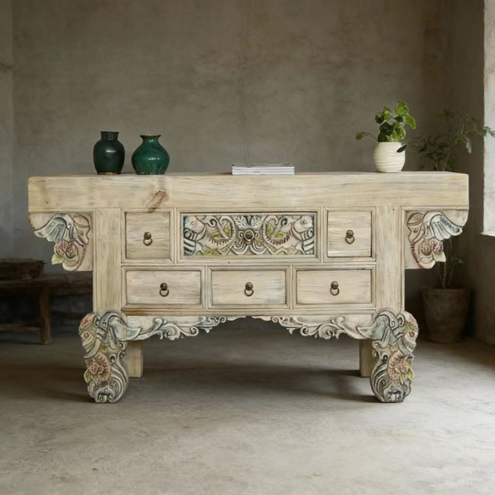 Hand-Painted Solid Wood Console Table, Distressed Entryway Cabinet with 6 Drawers, Carved Floral Details and Ring Pulls, Decorative Storage Table for Foyer, Living Room or Dining Room
