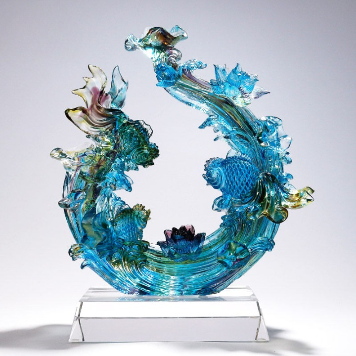Blue Art Glass Goldfish Sculpture with Crystal Display Base, Decorative Fish Figurine for Living Room, Entryway, Office, Housewarming and Business Gift