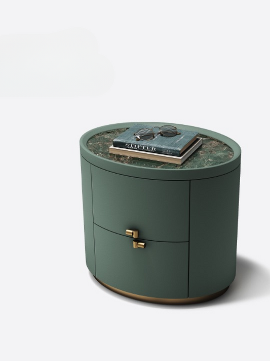 Deep Green Oval Nightstand with 2 Drawers, Modern Leather Look Bedside Table with Stone Pattern Top, Gold Tone Base and Solid Wood Frame, Luxury Accent End Table for Bedroom, Living Room