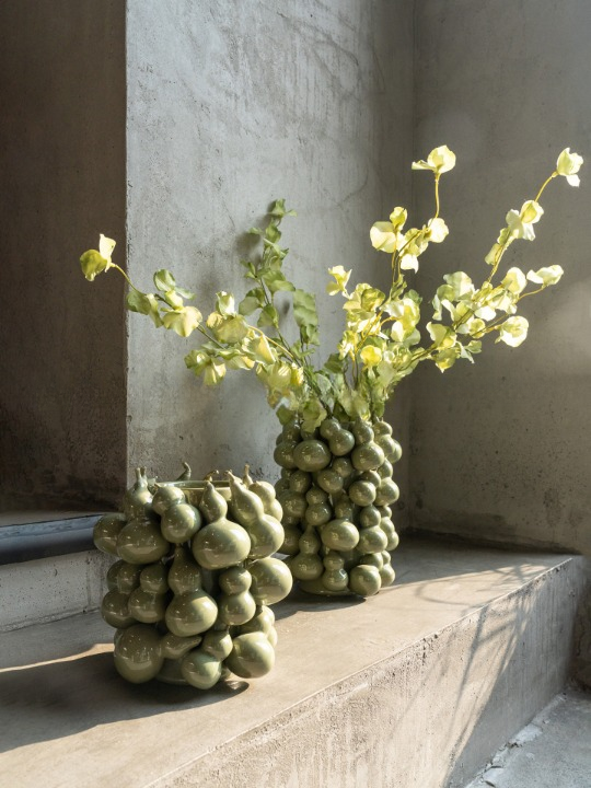 Set of 2 Green Gourd Ceramic Vases, Sculptural Flower Vessels