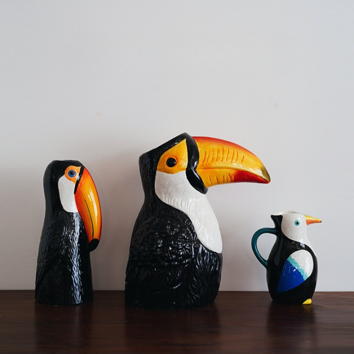 3 Piece Ceramic Bird Vase Set, Hand Painted Toucan Vase and Pitcher Decor
