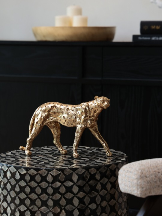 Antique Gold Resin Leopard Sculpture, Spotted Walking Big Cat Tabletop Figurine for Living Room, Entryway, Office Desk, Bookshelf, Console Table or Housewarming Gift
