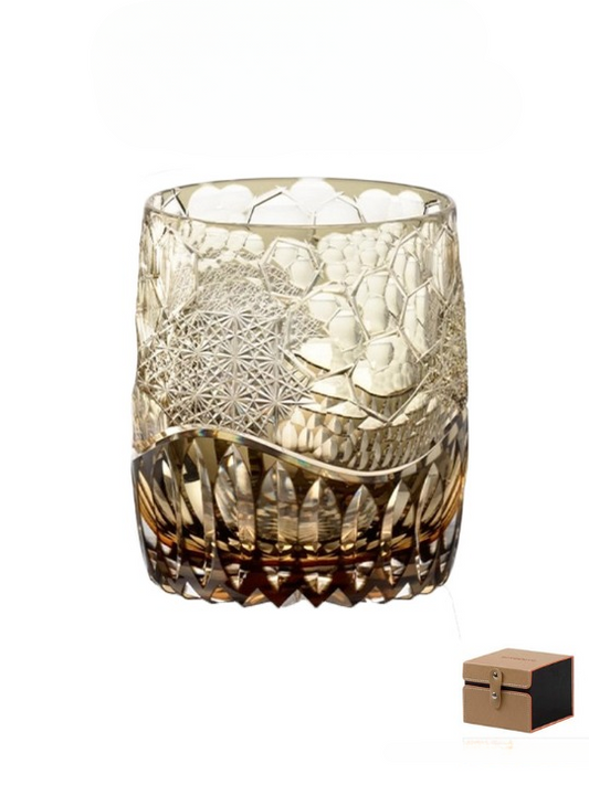 Amber Cut Glass Whiskey Tumbler, 11.2 oz Heavy Base Rocks Glass with Intricate Floral and Geometric Pattern for Bourbon, Scotch, Cocktails and Home Bar, Single Glass