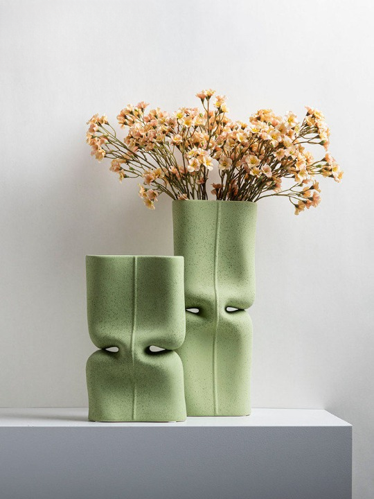 Set of 2 Light Green Ceramic Vases, Modern Sculptural Table Decor
