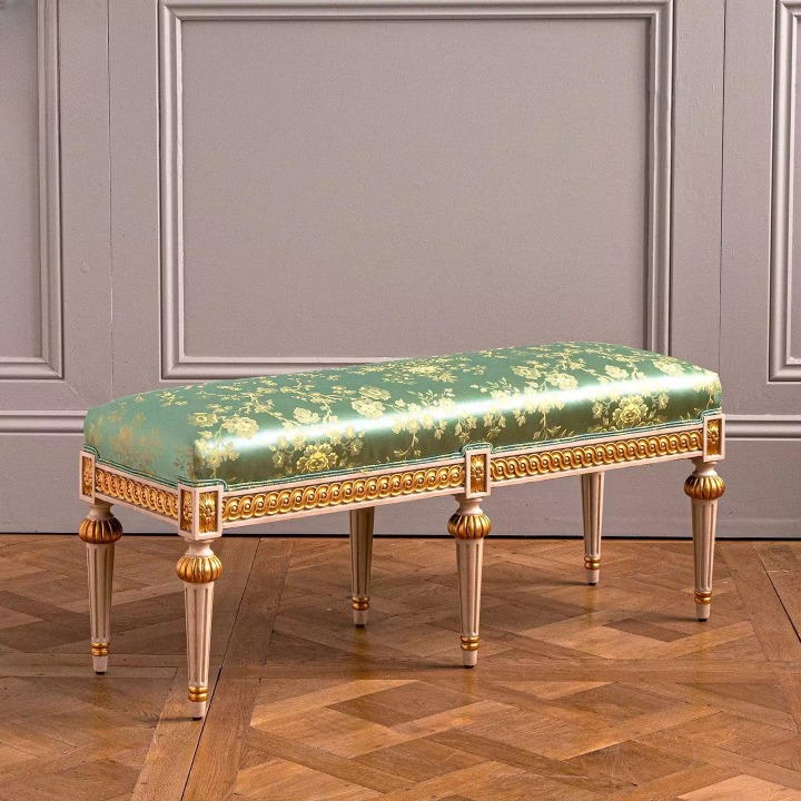 Green Floral Upholstered Bedroom Bench, French Style End of Bed Bench with Solid Wood Gold Finish Legs, Long Vanity Bench, Entryway Shoe Bench, Living Room Ottoman Bench