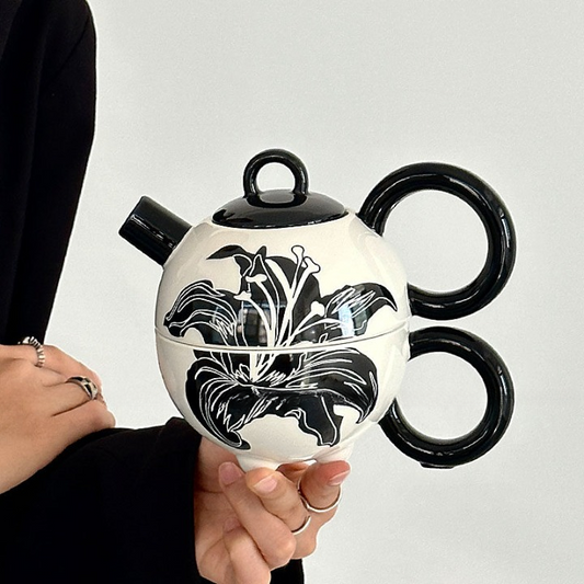 Ceramic Tea-for-One Set with Cup, Black and White Lily