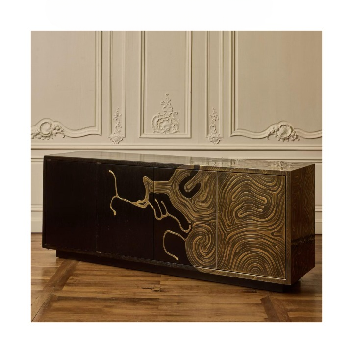 Dark Wood Sideboard Cabinet, Modern Storage Cabinet with Gold Line Art Door Fronts, Italian Minimalist Buffet Cabinet for Living Room Dining Room Entryway