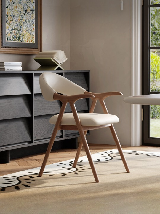 Modern Ash Wood Dining Chair with Arms, Cream Upholstered Seat and Curved Back, Solid Wood Accent Chair for Dining Room, Kitchen, Cafe, Restaurant, Study, and Bedroom