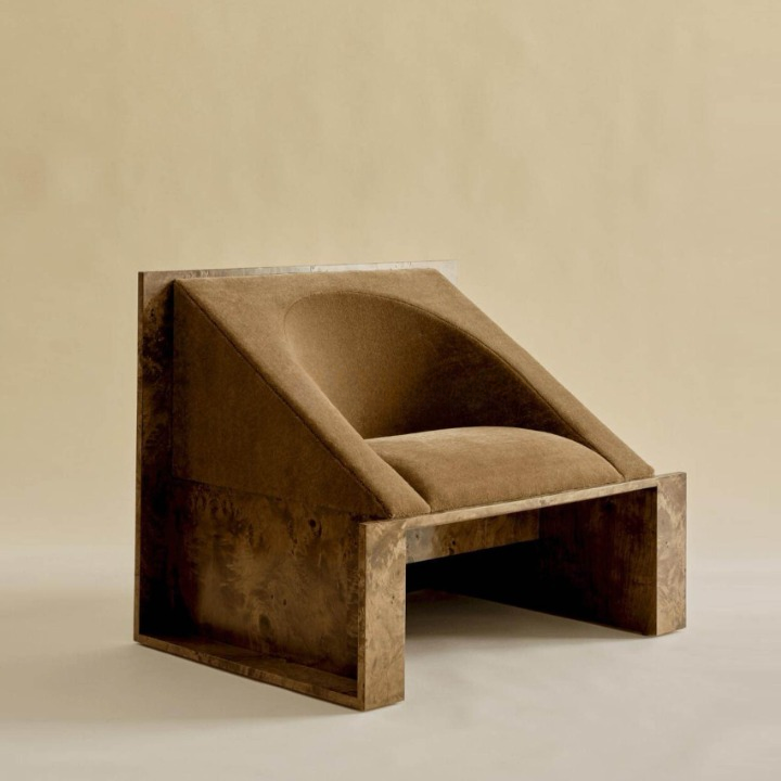 Modern Burl Wood Accent Chair, Brown Upholstered Lounge Chair with Geometric Frame, Wabi Sabi Single Sofa Chair for Living Room, Bedroom, Hotel Lobby, Office, Reading Corner