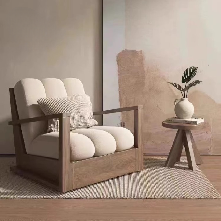 Solid Wood Accent Chair with Cream Velvet Cushions, Walnut Finish