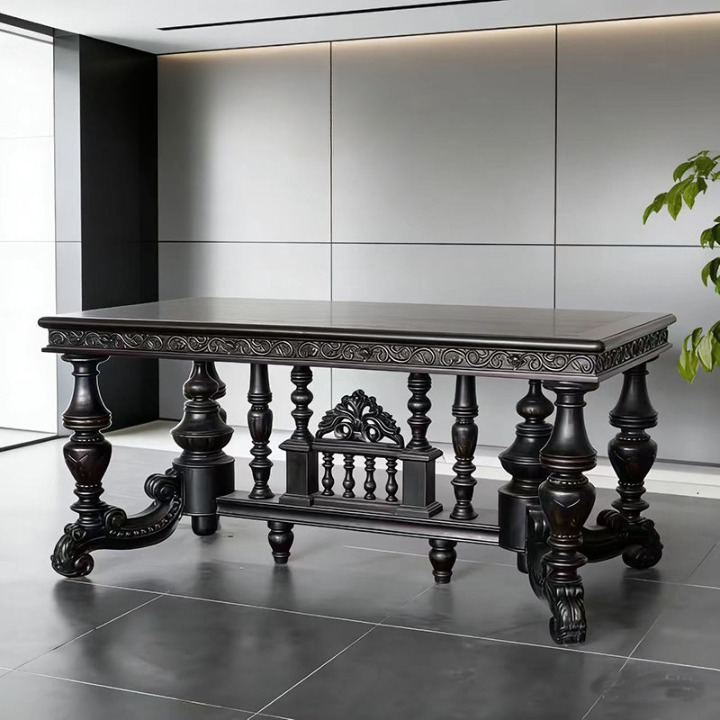 Black Solid Elm Wood Dining Table with Ornate Trestle Base