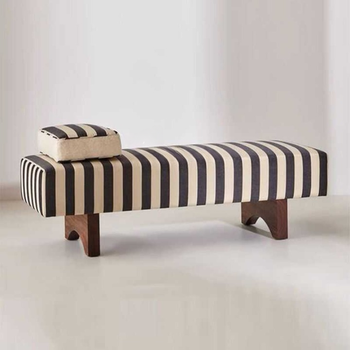 Black and Cream Striped Upholstered Bench with Wood Legs