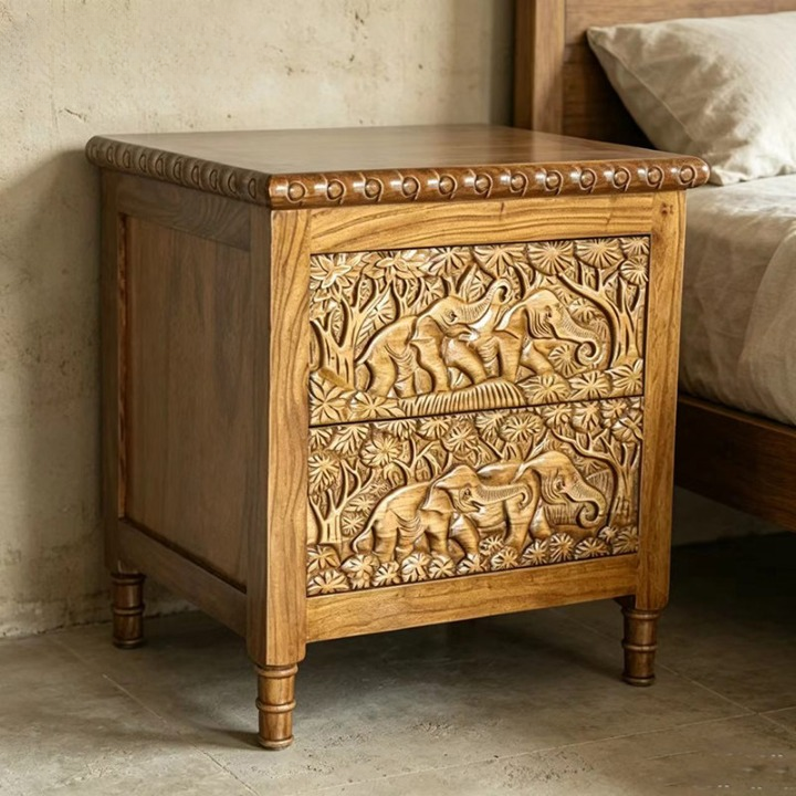 Hand-Carved Solid Elm Wood Nightstand with 2 Drawers, Elephant Relief Bedside Table with Botanical Carving and Natural Wood Finish for Bedroom or Living Room