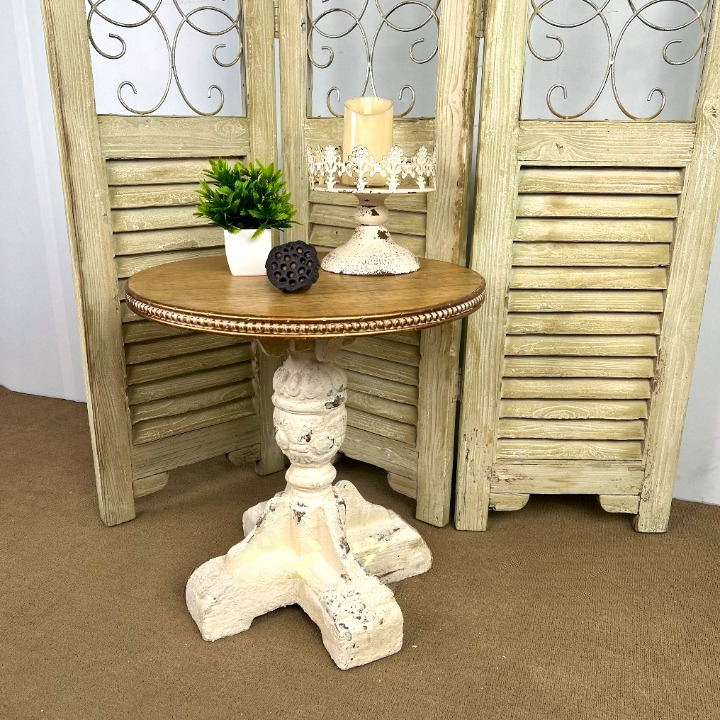 Distressed Round Wood Side Table with Carved Pedestal Base