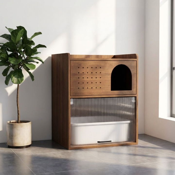 Walnut Hidden Cat Litter Box Enclosure with Storage Cabinet
