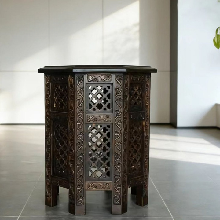 Hand-Carved Solid Wood Side Table, Square Pedestal End Table with Ornate Lattice Panels and Dark Coffee Finish for Living Room, Bedroom or Entryway