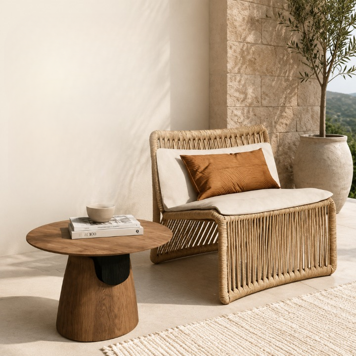 Natural Rope Woven Outdoor Lounge Chair with Cushion