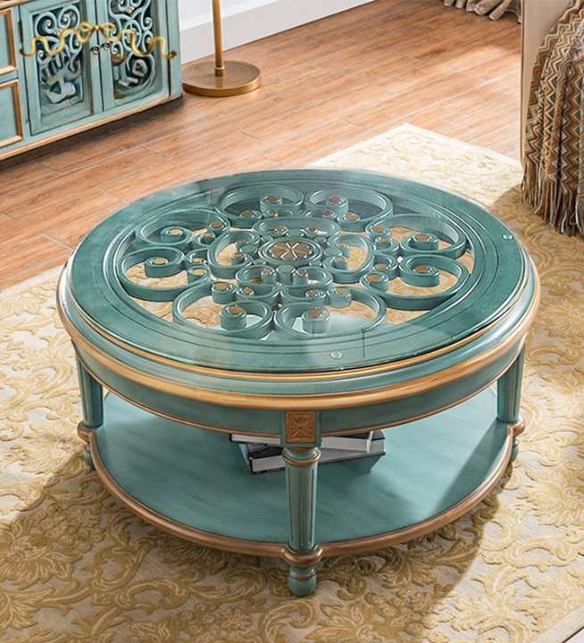 Round Solid Wood Coffee Table with Tempered Glass Top, Vintage Blue Carved Center Table, 39.4 Inch Rustic Living Room Tea Table