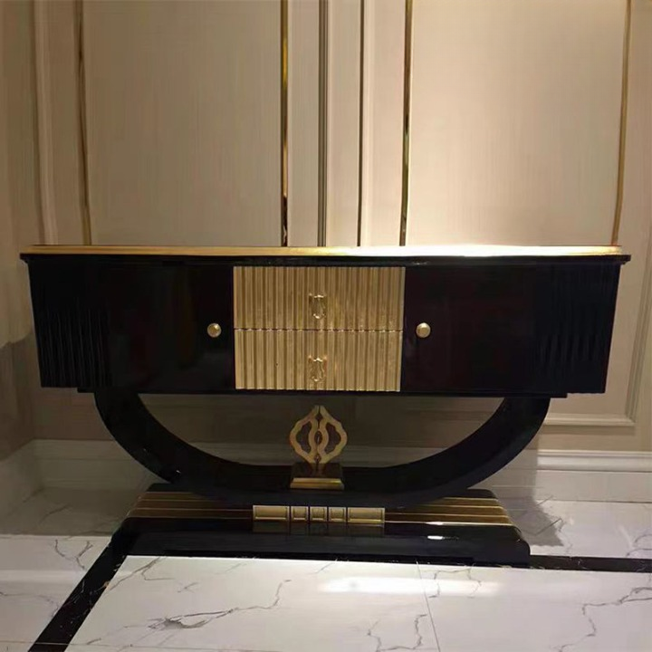 Dark Brown Entryway Cabinet with 2 Doors, 2 Drawers and Gold Accents