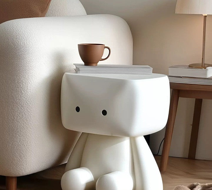 White Robot Side Table, Sculptural Accent Stand, 15.7 Inch