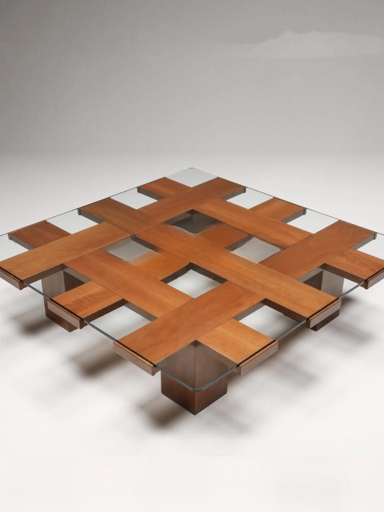 Square Glass Top Coffee Table, Walnut Finish Wood Cocktail Table for Living Room