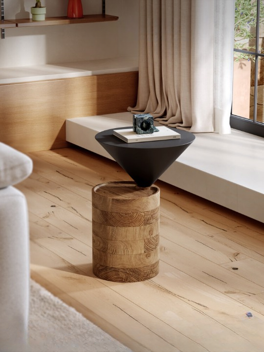 Modern Sculptural Side Table, Wood Cylinder Accent Table with Black Cone Top, Compact End Table for Living Room, Bedroom, Sofa Side, Apartment, Reading Nook, and Small Spaces