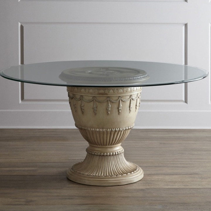 Antique White Round Glass Dining Table with Carved Pedestal