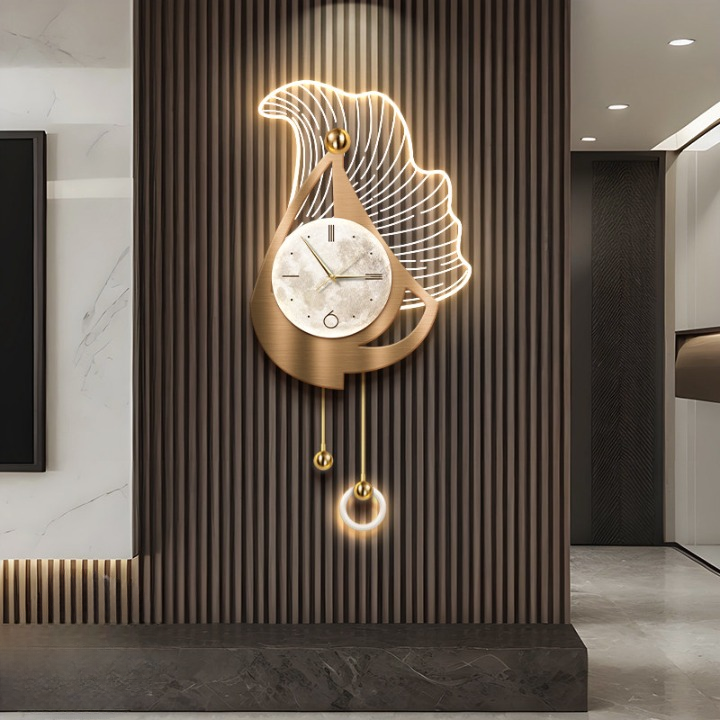 Modern Gold Wall Clock 12 x 25 Inch, 3D Leaf Wall Art with LED Light