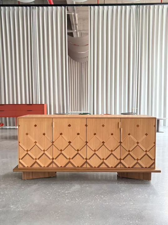 Wood Veneer Sideboard Cabinet, Geometric Diamond Pattern Buffet Cabinet, Modern Credenza Storage Cabinet for Dining Room, Living Room, Entryway, Hallway, Kitchen, and Console Decor