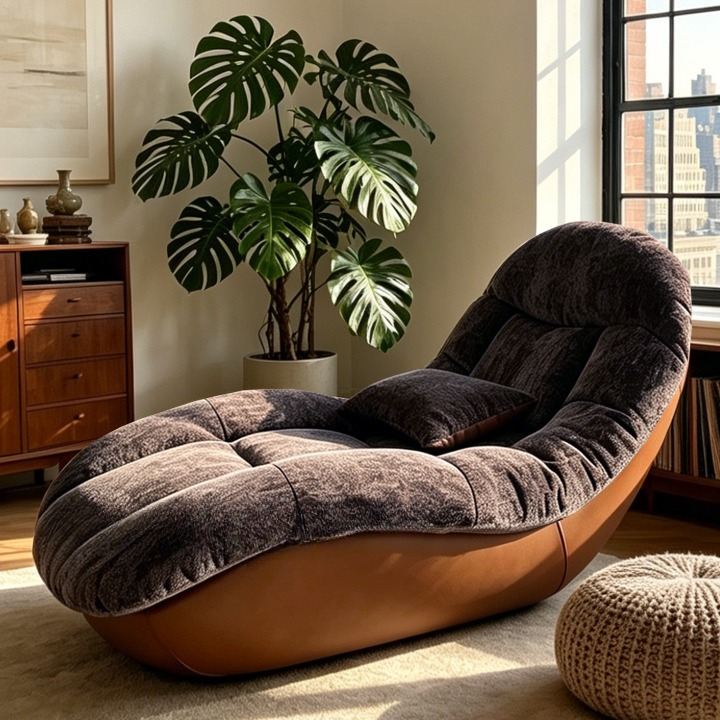 Chenille Chaise Lounge 63 Inch, Brown Curved Upholstered Reclining Sofa Chair