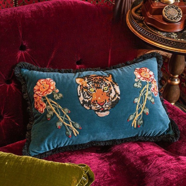 Teal Tiger Embroidered Lumbar Throw Pillow with Insert, Decorative Velvet Accent Pillow with Floral Embroidery and Black Fringe Trim for Sofa, Couch, Bed, Chair, Living Room Decor